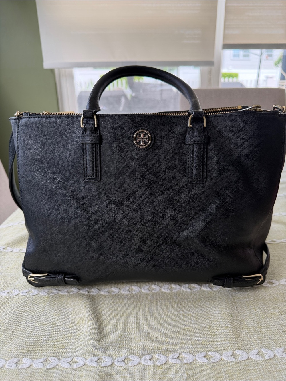 Tory Burch Black Leather Double-Handle Satchel with Gold-Tone Logo